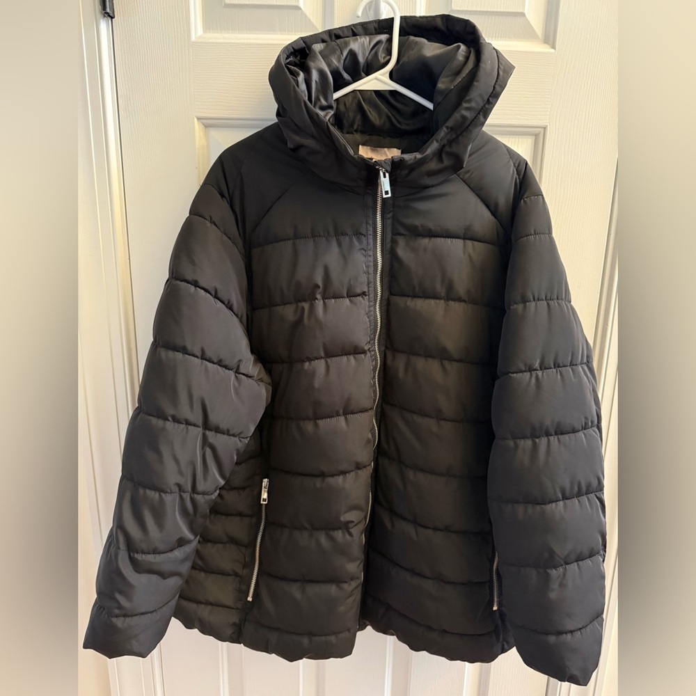 H&M Black Puffer Jacket Womens Size 24 Front Zipper High Neck Hood Pockets